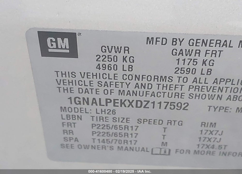 2013 CHEVROLET EQUINOX 2LT VIN: 1GNALPEKXDZ117592