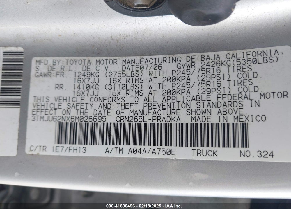 2006 TOYOTA TACOMA VIN: 3TMJU62NX6M026695