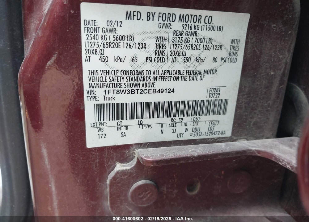 2012 FORD F-350 LARIAT VIN: 1FT8W3BT2CEB49124