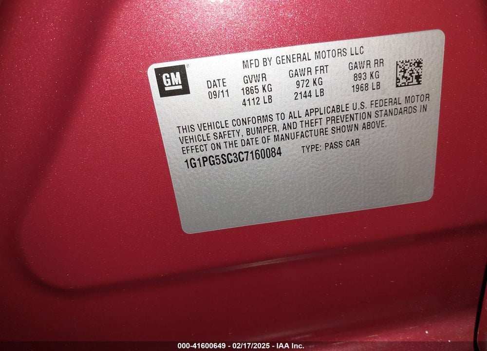 2012 CHEVROLET CRUZE VIN: 1G1PG5SC3C7160084