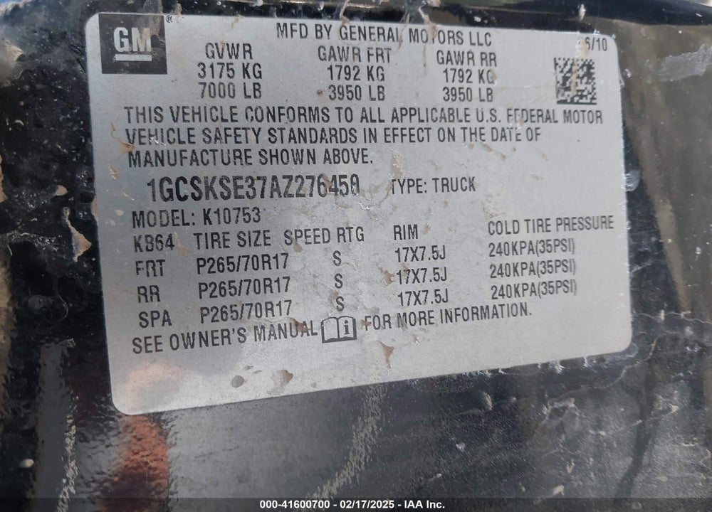 2010 CHEVROLET SILVERADO 1500 LT VIN: 1GCSKSE37AZ276450