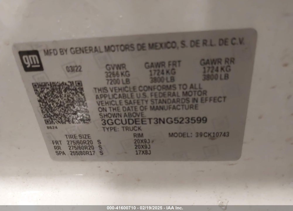 2022 CHEVROLET SILVERADO 1500 VIN: 3GCUDEET3NG523599