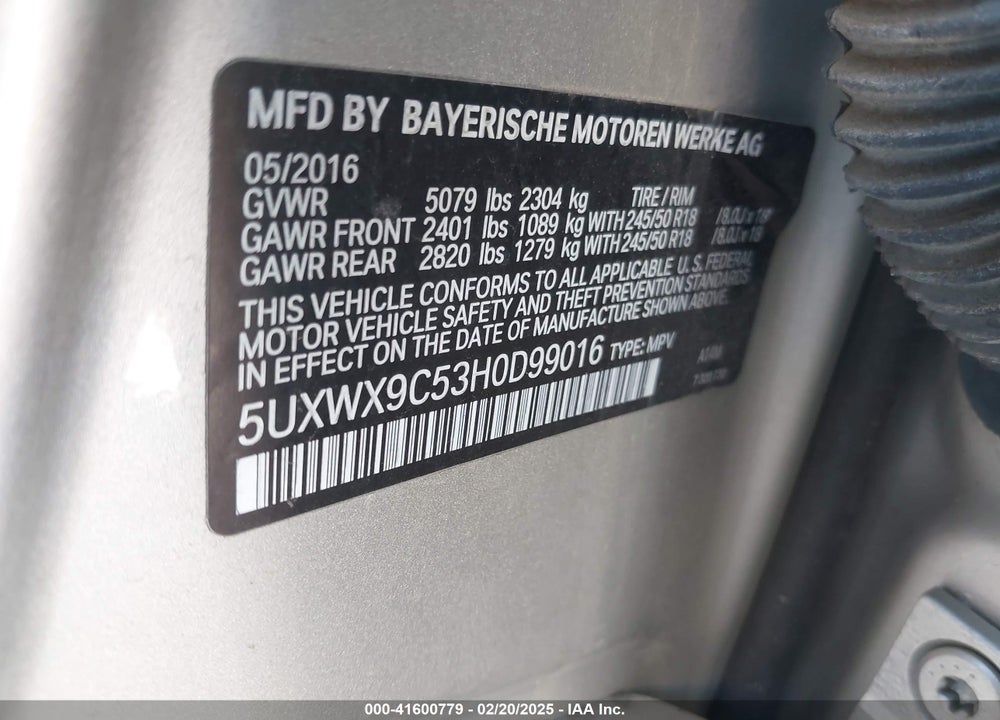 2017 BMW X3 XDRIVE28I VIN: 5UXWX9C53H0D99016