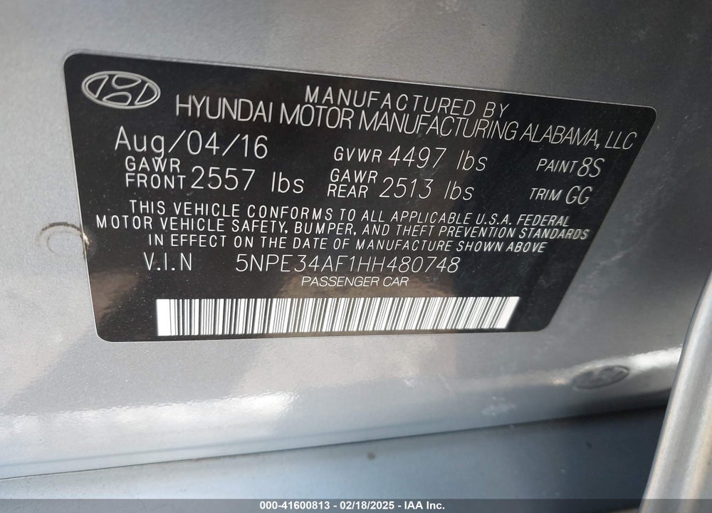 2017 HYUNDAI SONATA VIN: 5NPE34AF1HH480748