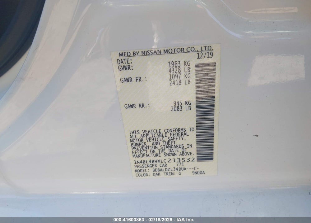 2020 NISSAN ALTIMA VIN: 1N4BL4BVXLC213532