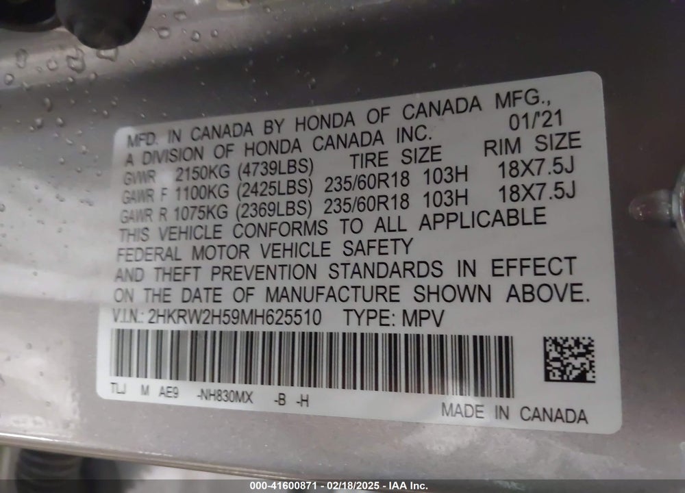 2021 HONDA CR-V AWD EX VIN: 2HKRW2H59MH625510