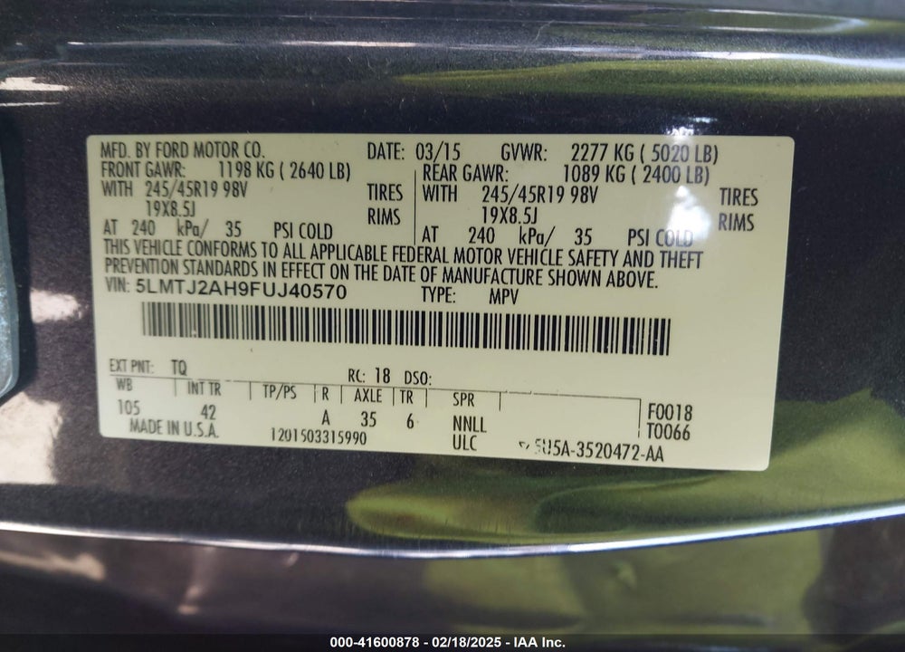 2015 LINCOLN MKC VIN: 5LMTJ2AH9FUJ40570
