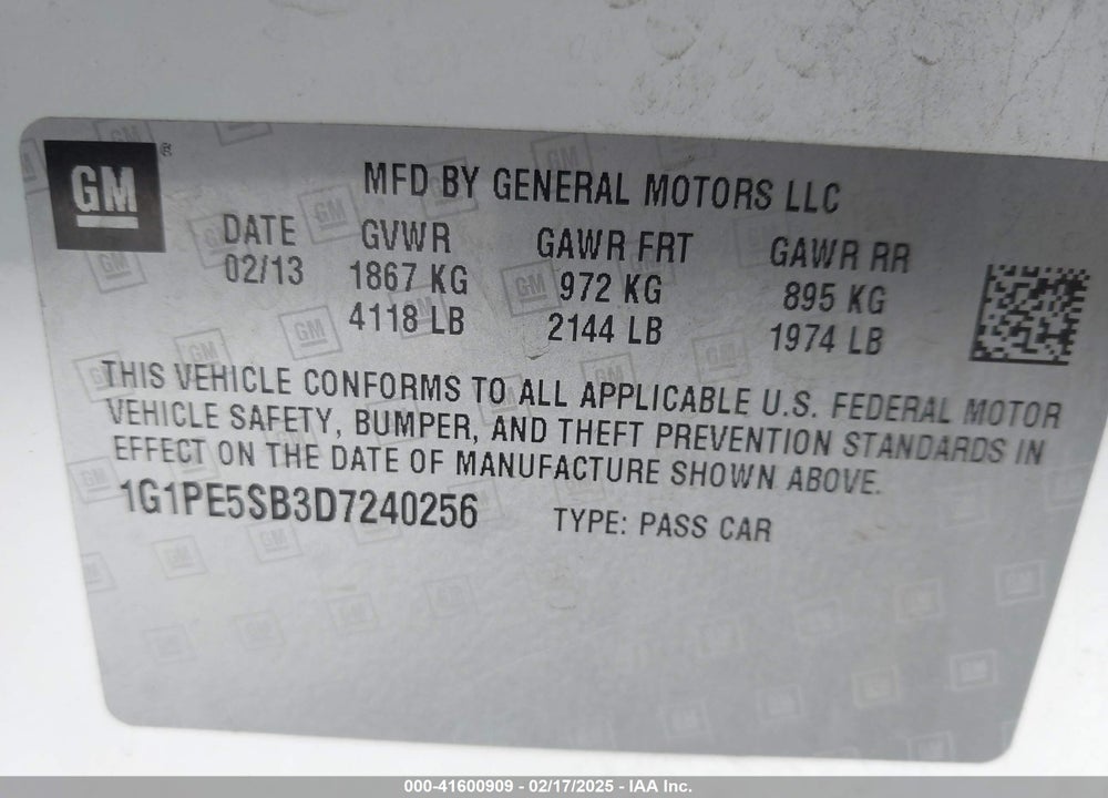 2013 CHEVROLET CRUZE VIN: 1G1PE5SB3D7240256