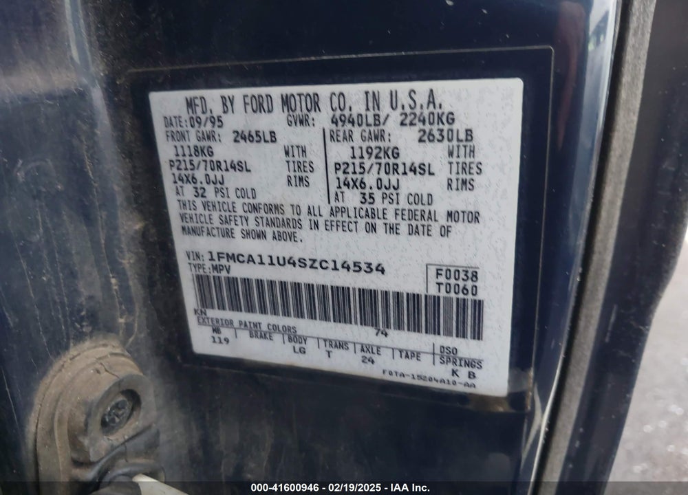 1995 FORD AEROSTAR VIN: 1FMCA11U4SZC14534