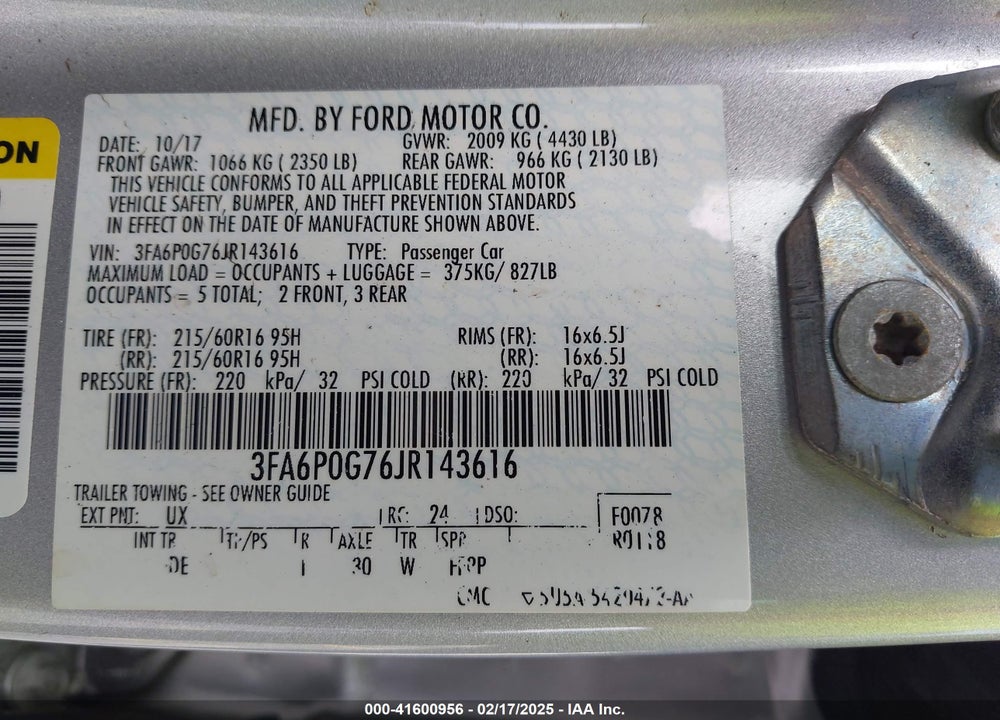 2018 FORD FUSION S VIN: 3FA6P0G76JR143616