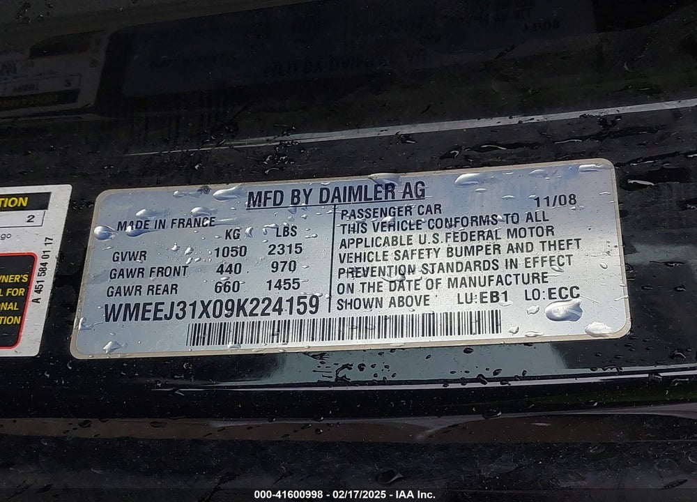 2009 SMART FORTWO VIN: WMEEJ31X09K224159