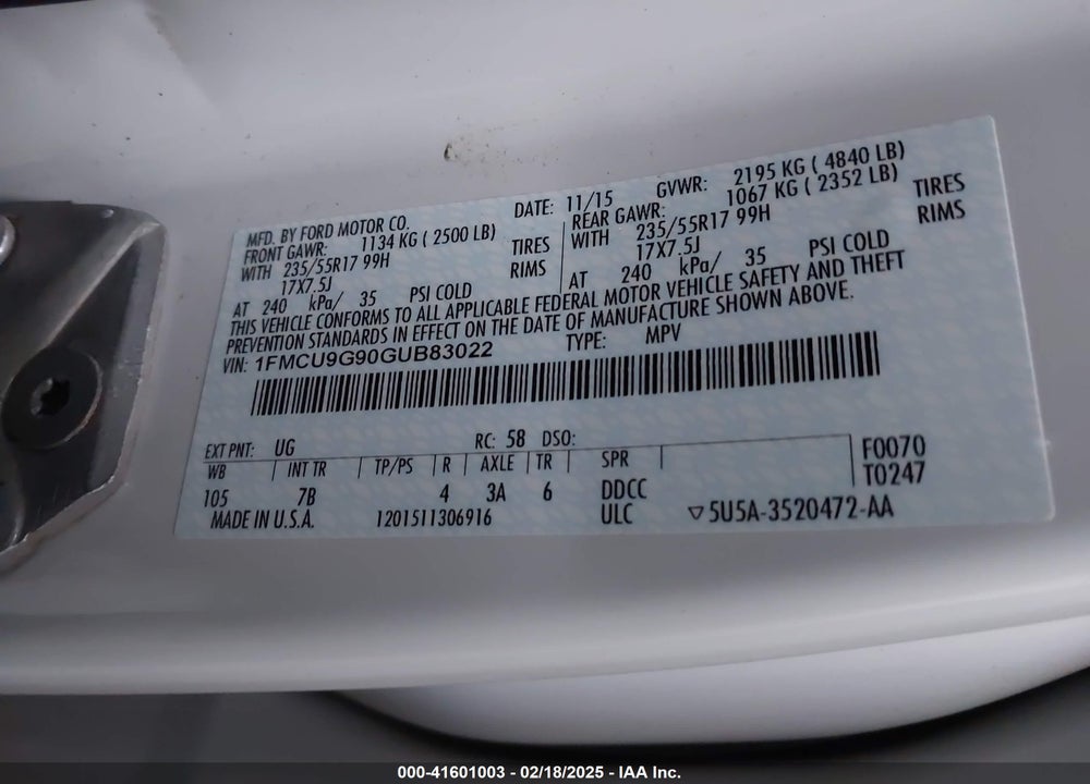 2016 FORD ESCAPE SE VIN: 1FMCU9G90GUB83022