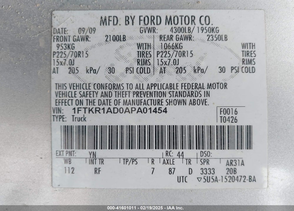 2010 FORD RANGER XL VIN: 1FTKR1AD0APA01454