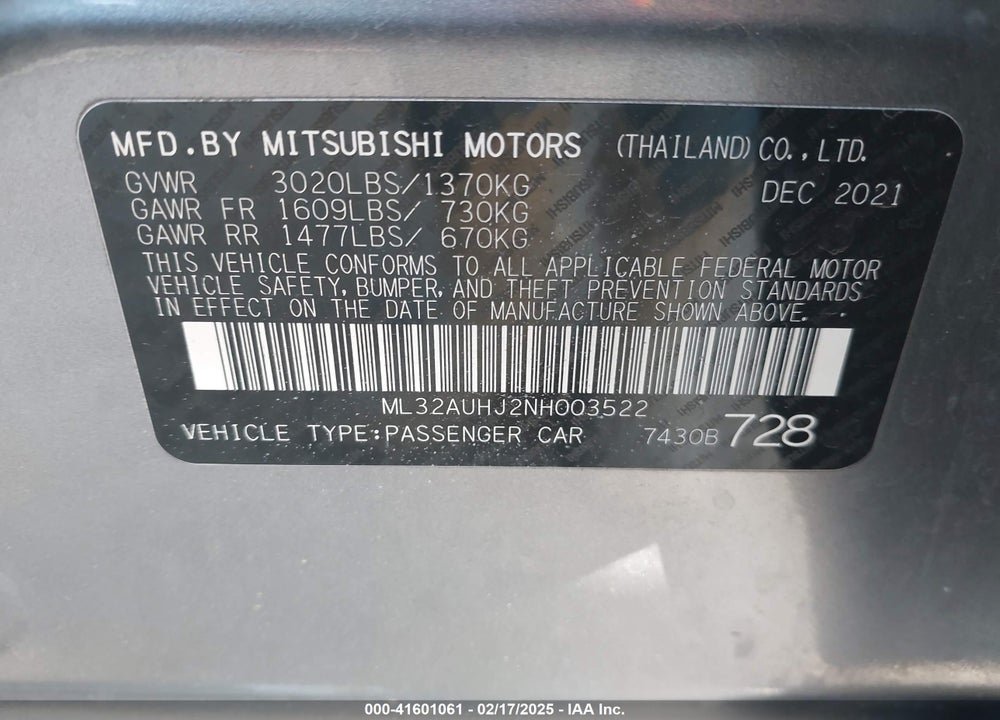 2022 MITSUBISHI MIRAGE VIN: ML32AUHJ2NH003522