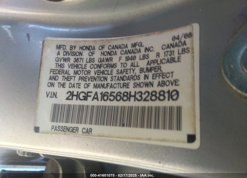 2008 HONDA CIVIC LX VIN: 2HGFA16568H328810