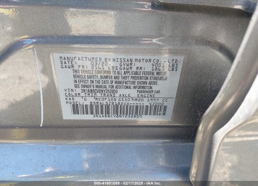 2022 NISSAN SENTRA VIN: 3N1AB8CV8NY252809