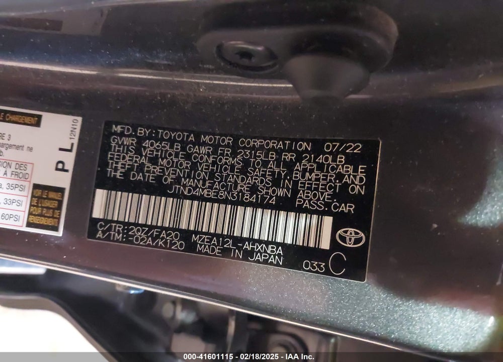 2022 TOYOTA COROLLA VIN: JTND4MBE8N3184174