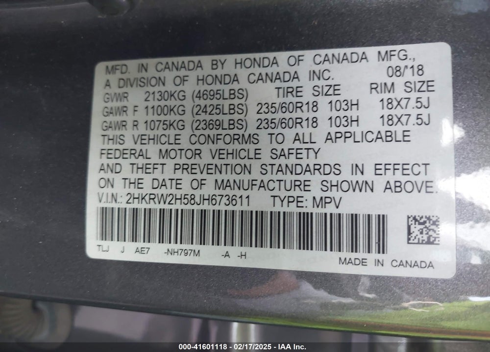 2018 HONDA CR-V EX VIN: 2HKRW2H58JH673611