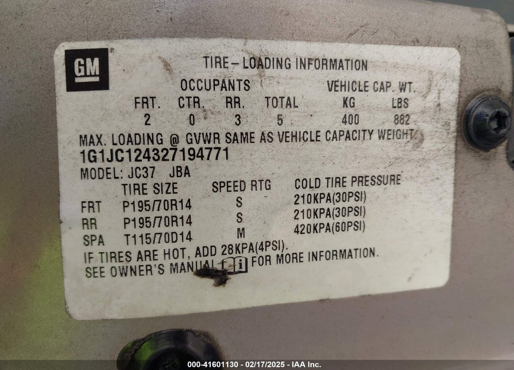 2002 CHEVROLET CAVALIER VIN: 1G1JC124327194771