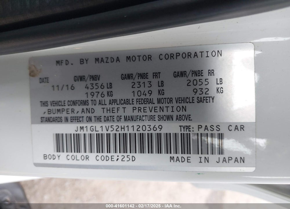 2017 MAZDA MAZDA6 VIN: JM1GL1V52H1120369