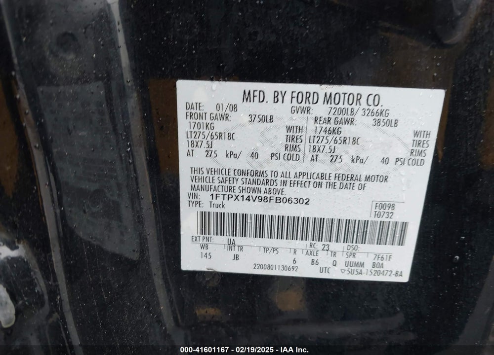2008 FORD F-150 VIN: 1FTPX14V98FB06302