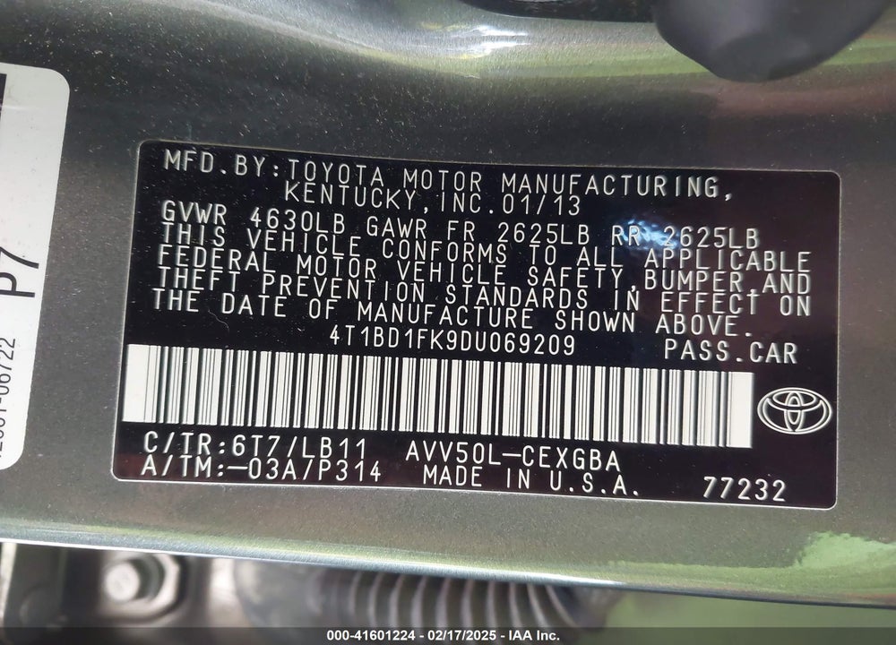 2013 TOYOTA CAMRY HYBRID VIN: 4T1BD1FK9DU069209