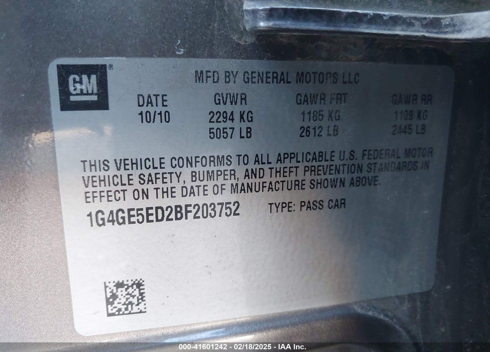 2011 BUICK LACROSSE VIN: 1G4GE5ED2BF203752