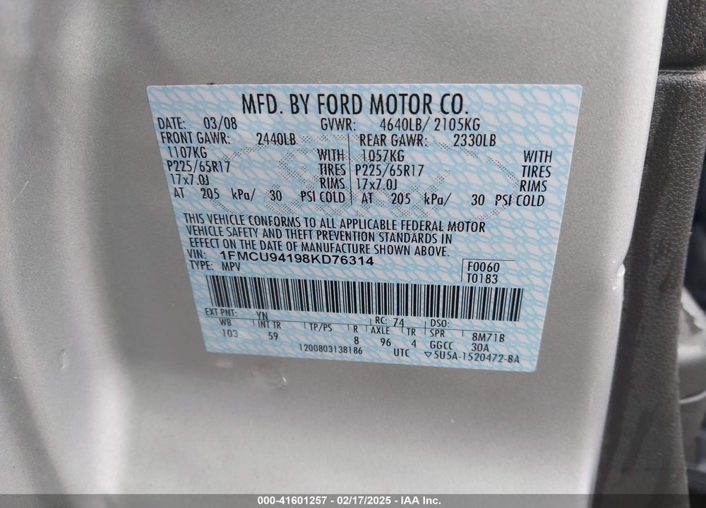 2008 FORD ESCAPE LIMITED VIN: 1FMCU94198KD76314