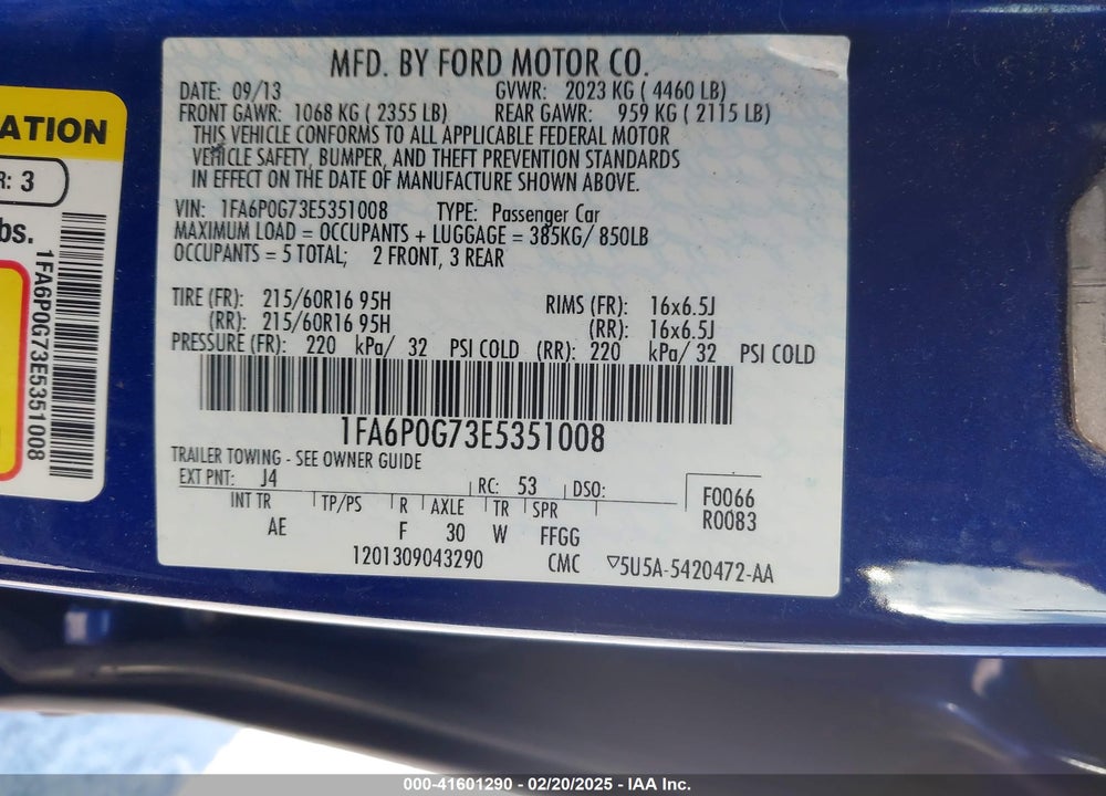 2014 FORD FUSION VIN: 1FA6P0G73E5351008