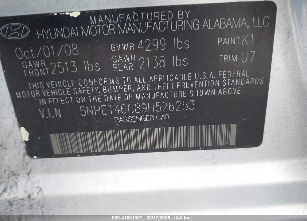 2009 HYUNDAI SONATA GLS VIN: 5NPET46C89H526253