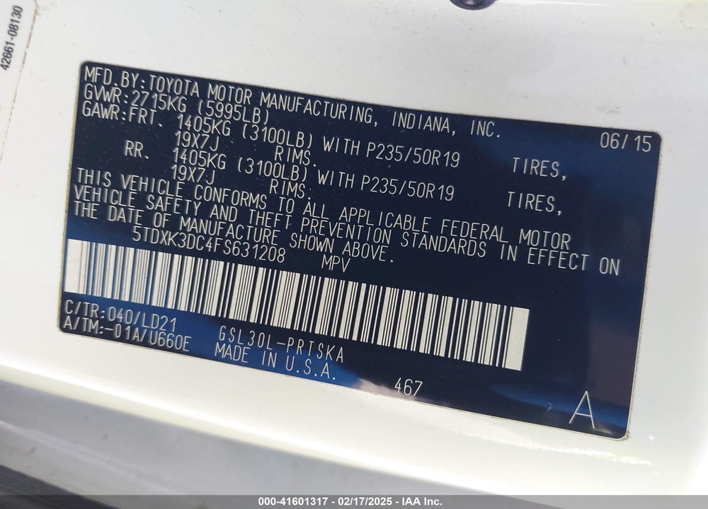 2015 TOYOTA SIENNA SPORT VIN: 5TDXK3DC4FS631208