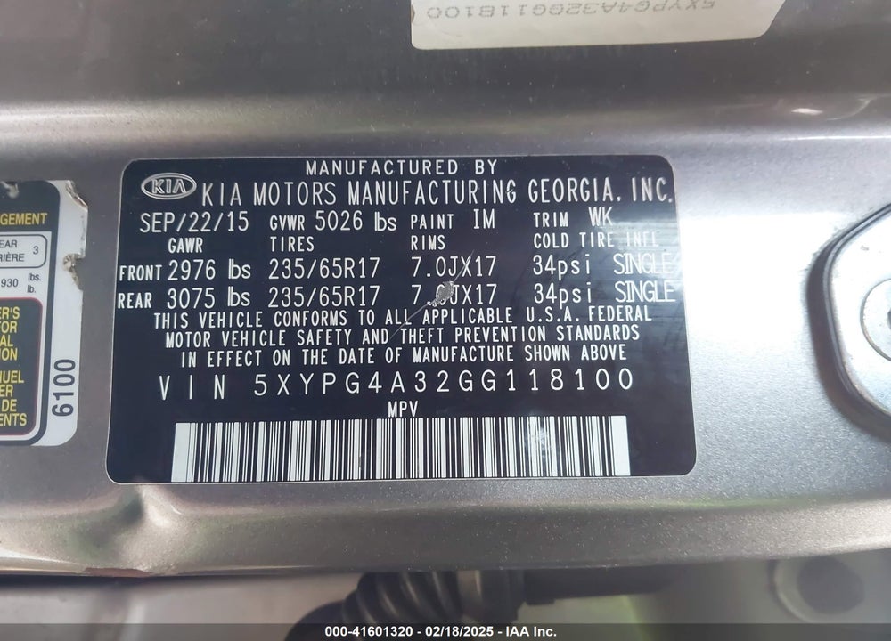 2016 KIA SORENTO VIN: 5XYPG4A32GG118100