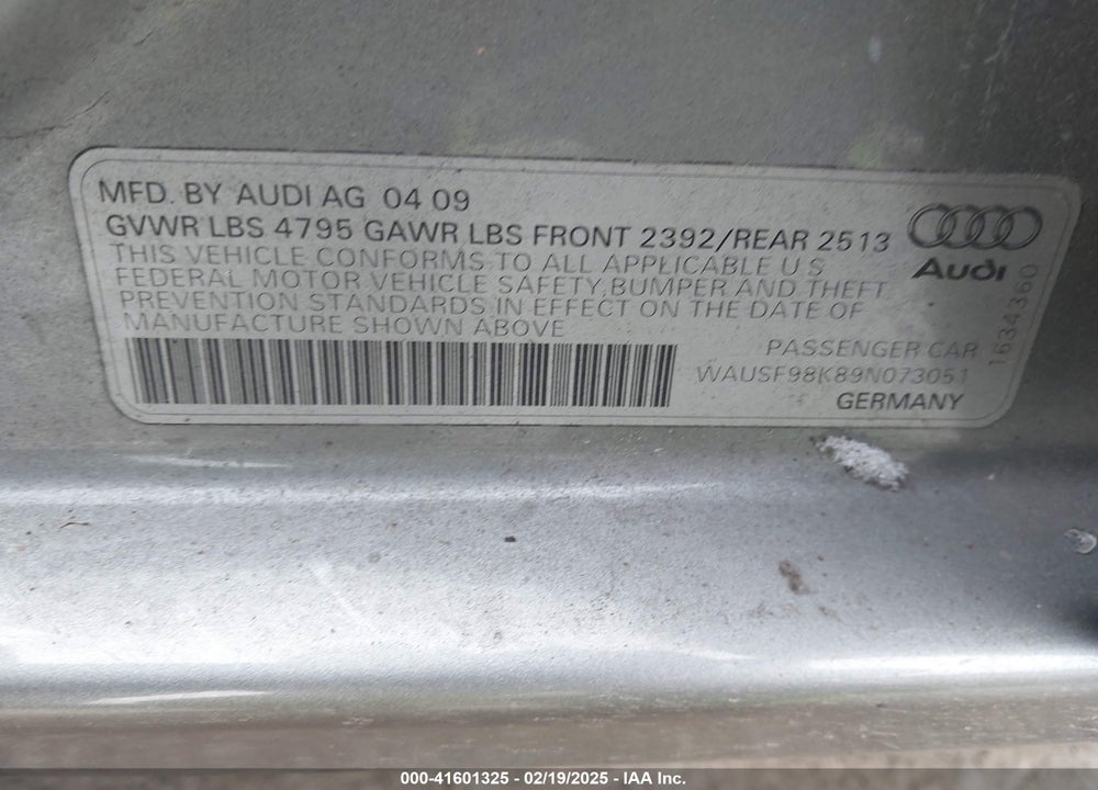2009 AUDI A4 VIN: WAUSF98K89N073051
