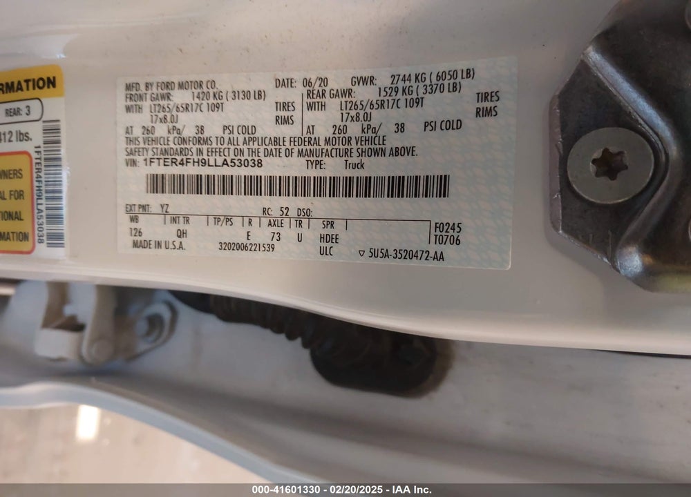 2020 FORD RANGER VIN: 1FTER4FH9LLA53038