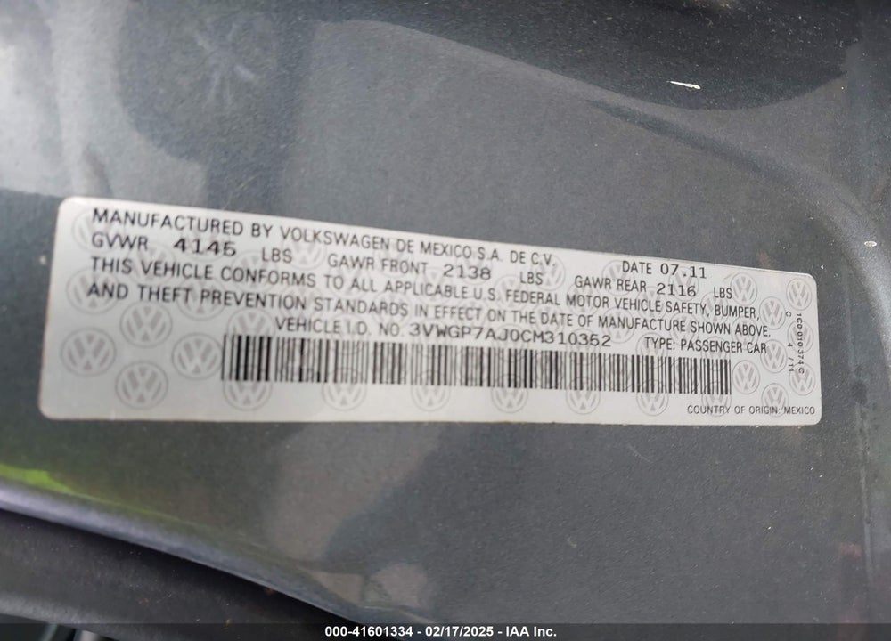 2012 VOLKSWAGEN JETTA 2.5L SEL VIN: 3VWGP7AJ0CM310352