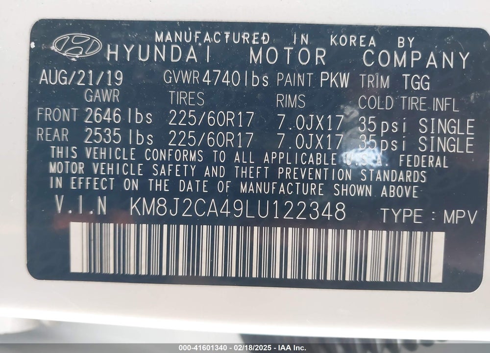 2020 HYUNDAI TUCSON SE VIN: KM8J2CA49LU122348