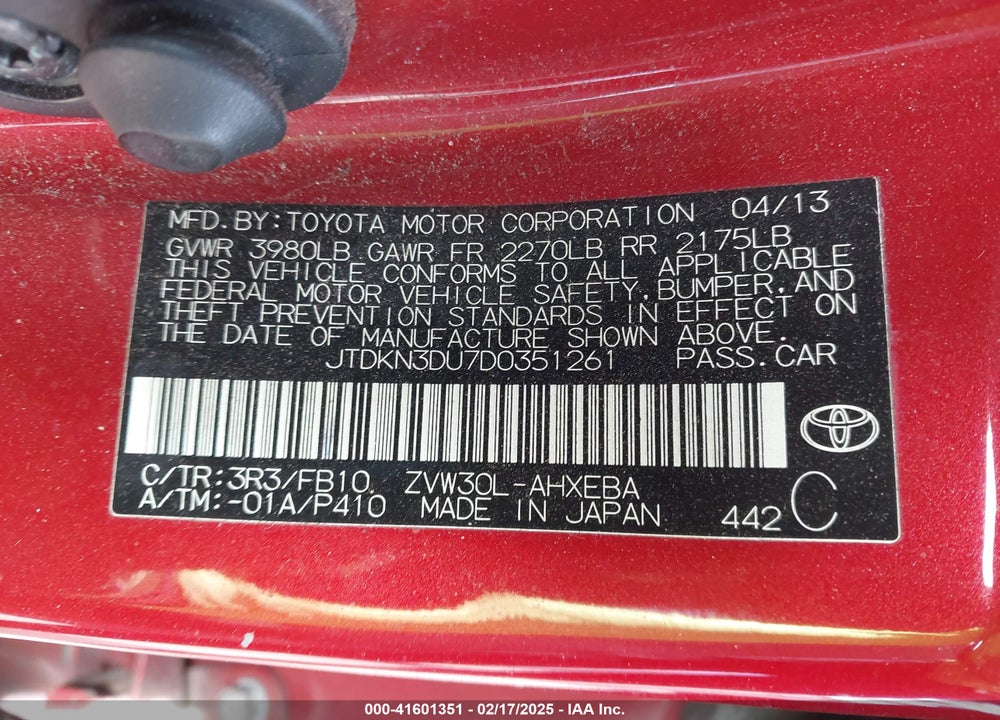2013 TOYOTA PRIUS VIN: JTDKN3DU7D0351261