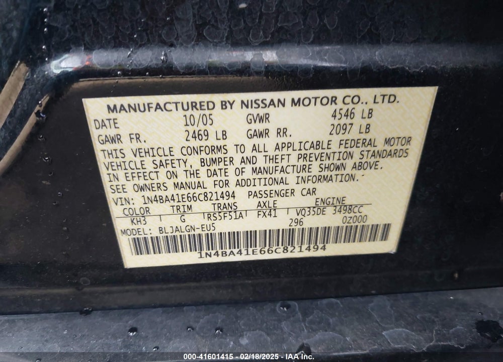 2006 NISSAN MAXIMA 3.5 SL VIN: 1N4BA41E66C821494