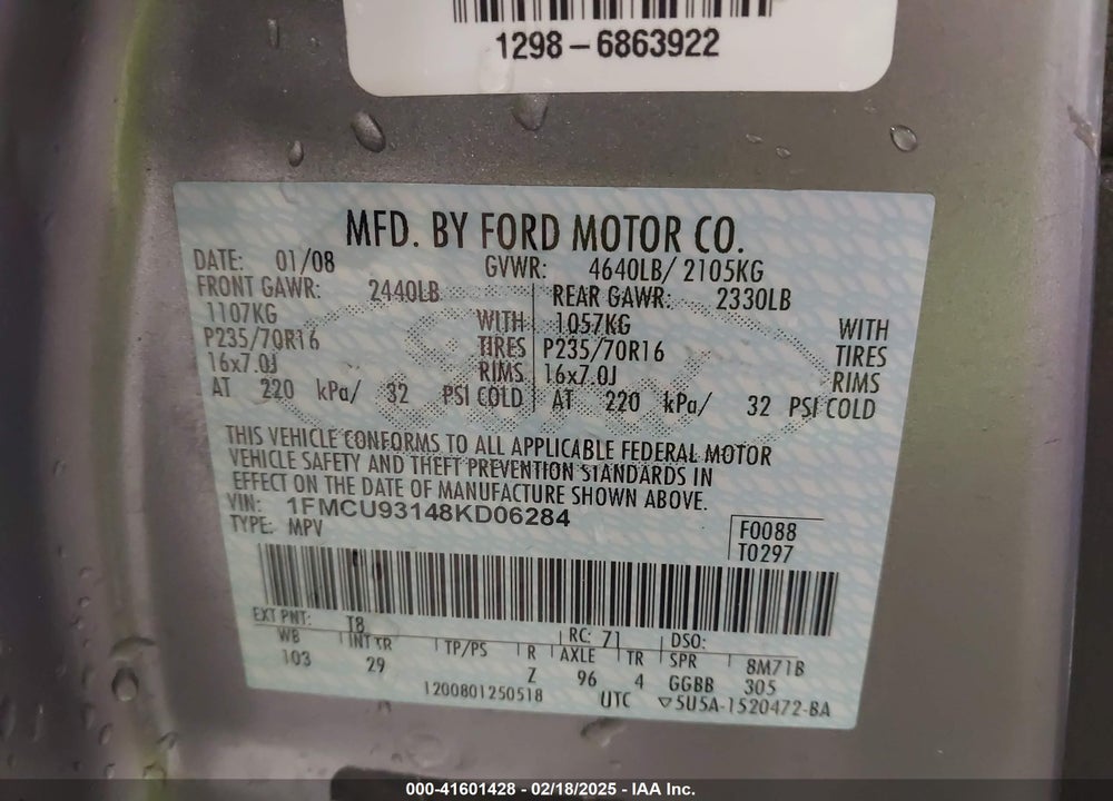 2008 FORD ESCAPE XLT VIN: 1FMCU93148KD06284