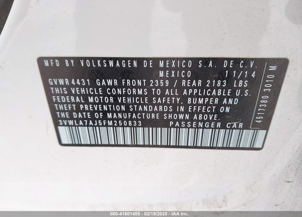 2015 VOLKSWAGEN JETTA VIN: 3VWLA7AJ5FM250833