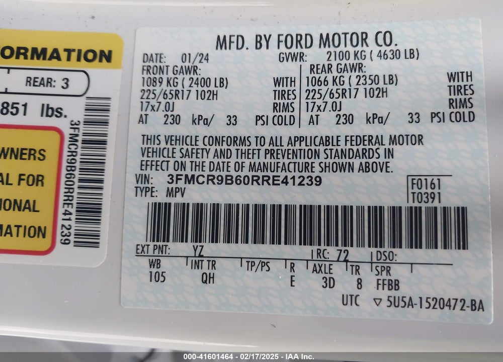 2024 FORD BRONCO SPORT BIG BEND VIN: 3FMCR9B60RRE41239