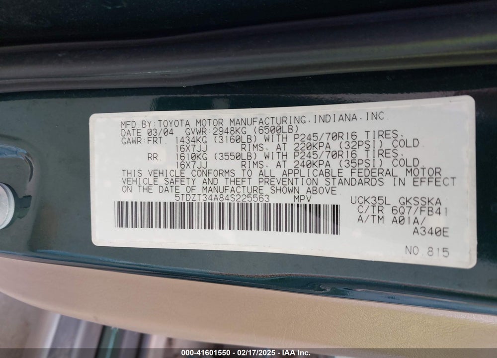 2004 TOYOTA SEQUOIA SR5 V8 VIN: 5TDZT34A84S225563