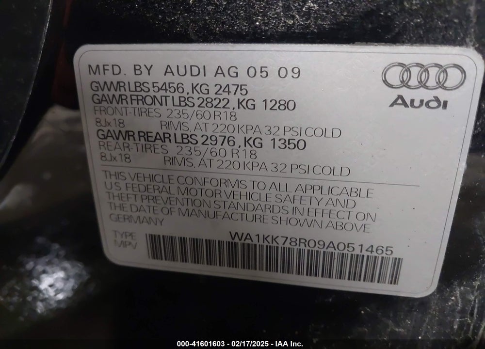 2009 AUDI Q5 3.2 PREMIUM VIN: WA1KK78R09A051465