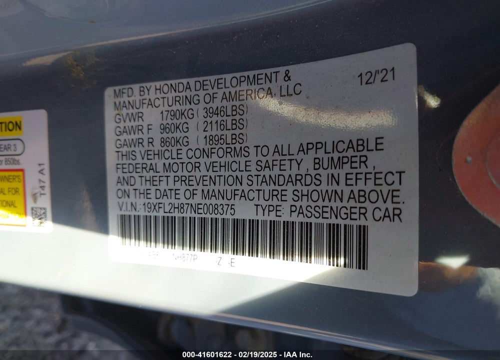 2022 HONDA CIVIC VIN: 19XFL2H87NE008375