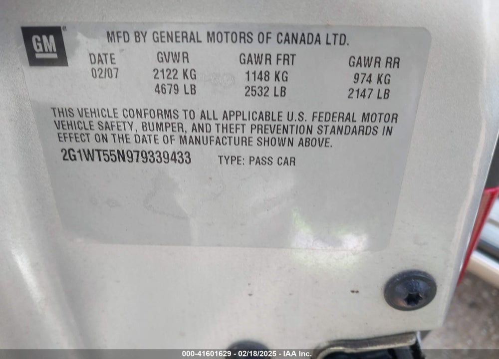 2007 CHEVROLET IMPALA VIN: 2G1WT55N979339433