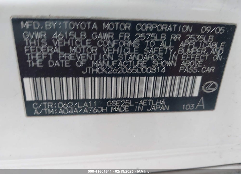 2006 LEXUS IS 250 VIN: JTHCK262065000814