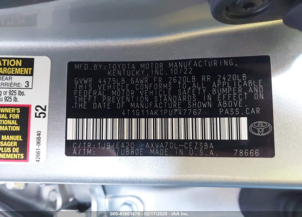 2023 TOYOTA CAMRY VIN: 4T1G11AK1PU747767