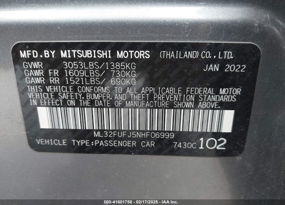 2022 MITSUBISHI MIRAGE VIN: ML32FUFJ5NHF06999