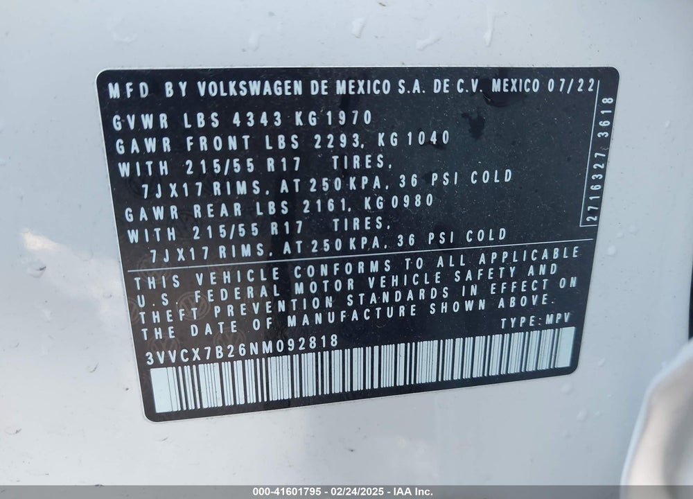 2022 VOLKSWAGEN TAOS VIN: 3VVCX7B26NM092818