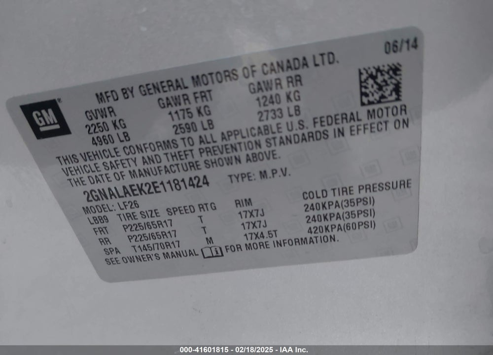 2014 CHEVROLET EQUINOX VIN: 2GNALAEK2E1181424